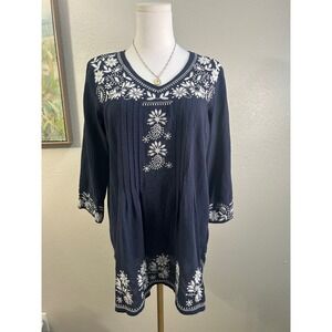 Octavia Navy Blue Floral Embroidered Tunic Boho Cottagecore Peasant Top Size S